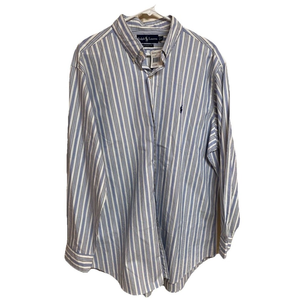 Men's VTG Ralph Lauren Classic Fit Dress Shirt LS Striped Blue Sz 17 32/33 NWT